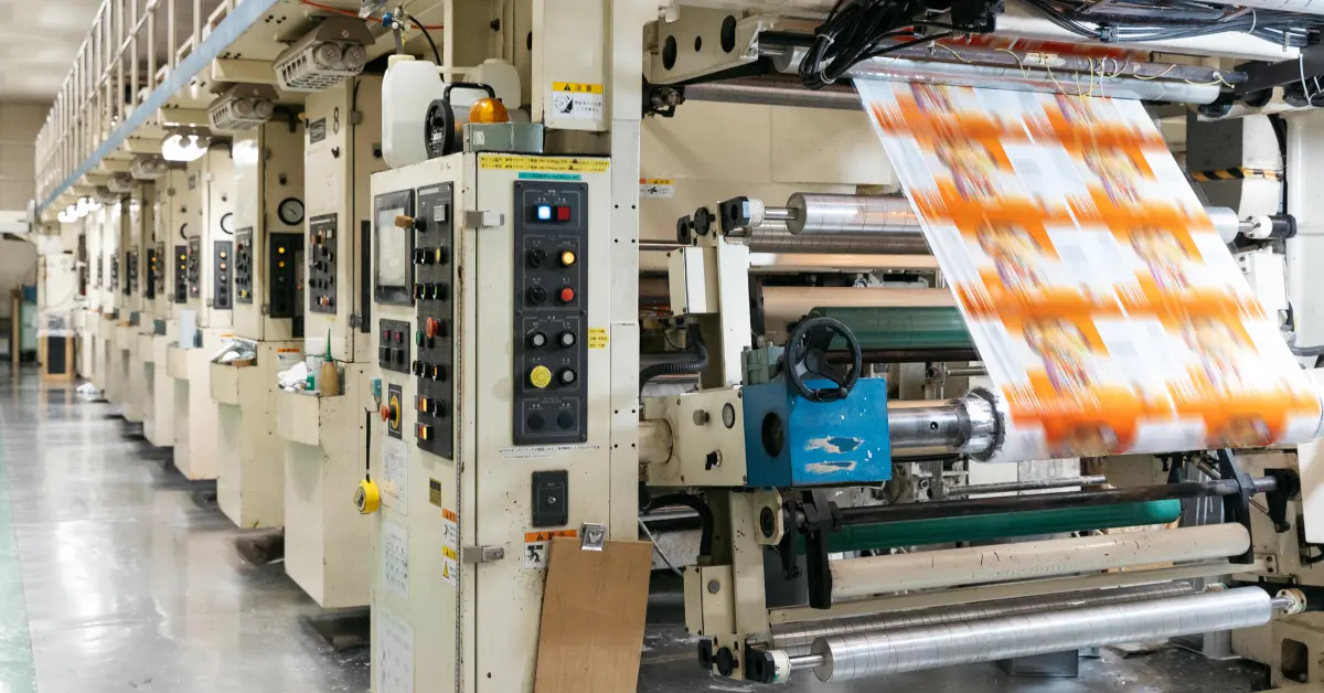 東和グラビヤ印刷株式会社の8色グラビア印刷機で食品パッケージを印刷する様子