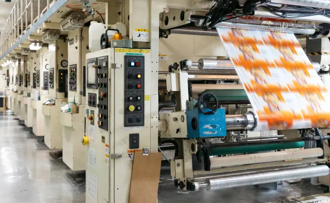 東和グラビヤ印刷株式会社の8色グラビア印刷機で食品パッケージを印刷する様子