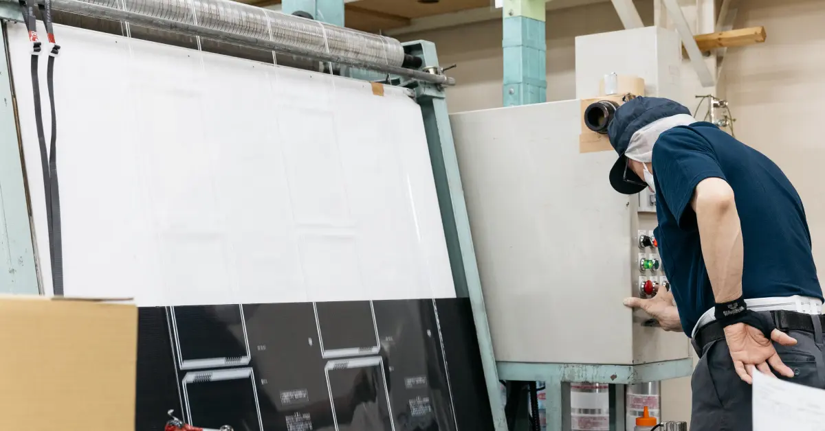 フィルム巻き返し検査機で印刷フィルムの品質を確認する作業員