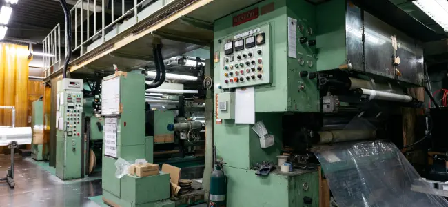 ドライラミネート機でフィルムを貼り合わせ加工する様子